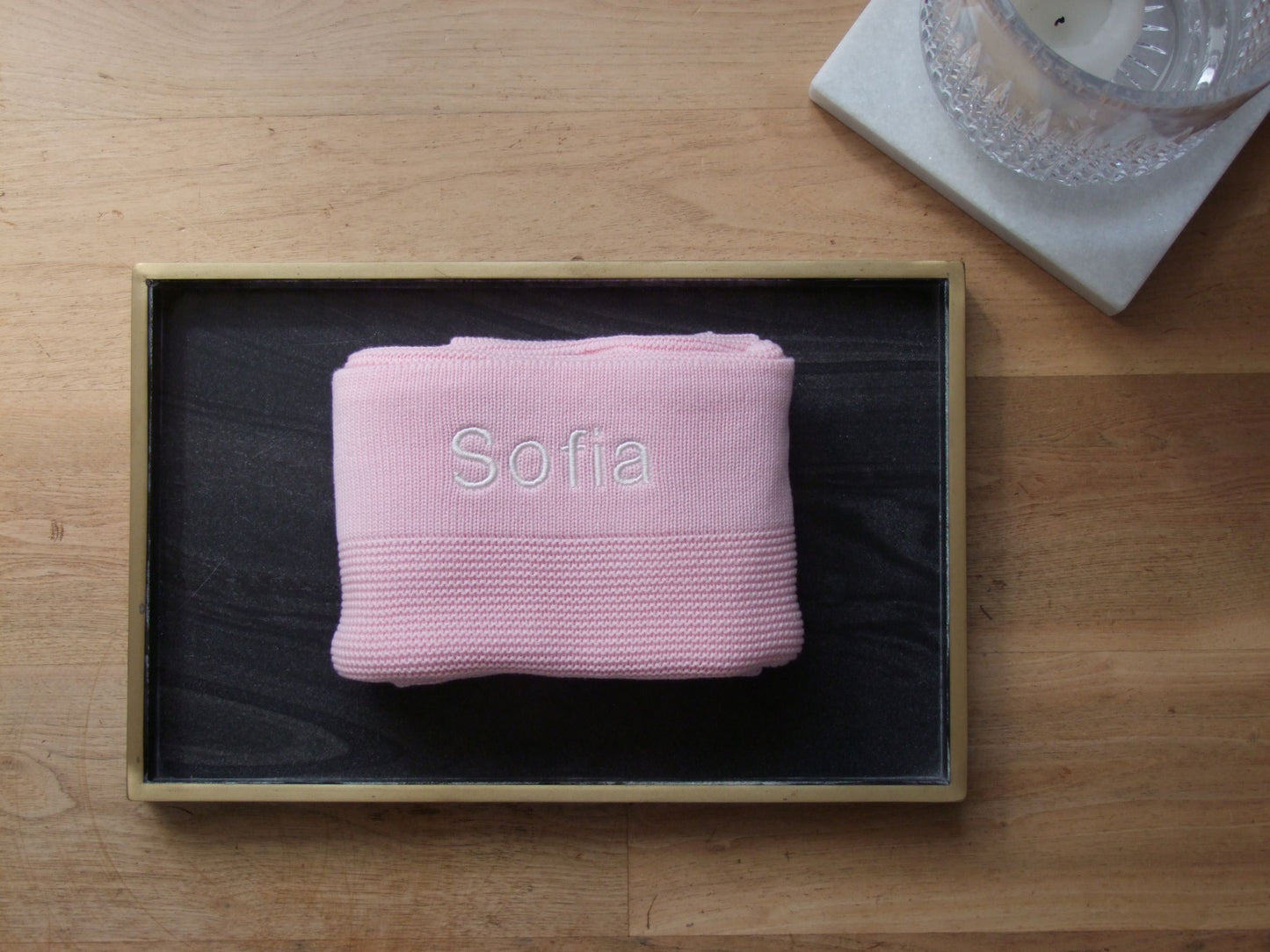 Pink knitted baby blanket. Personalisation available.